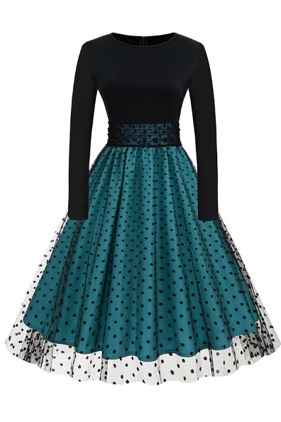 Green A-line Dot Long Sleeves Vintage Dress
