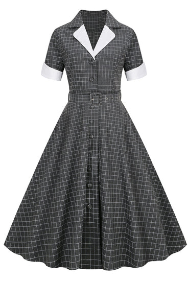 Grey Lapel A-line Plaid Buttons Vintage Dress