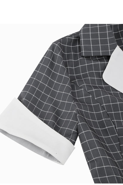 Grey Lapel A-line Plaid Buttons Vintage Dress