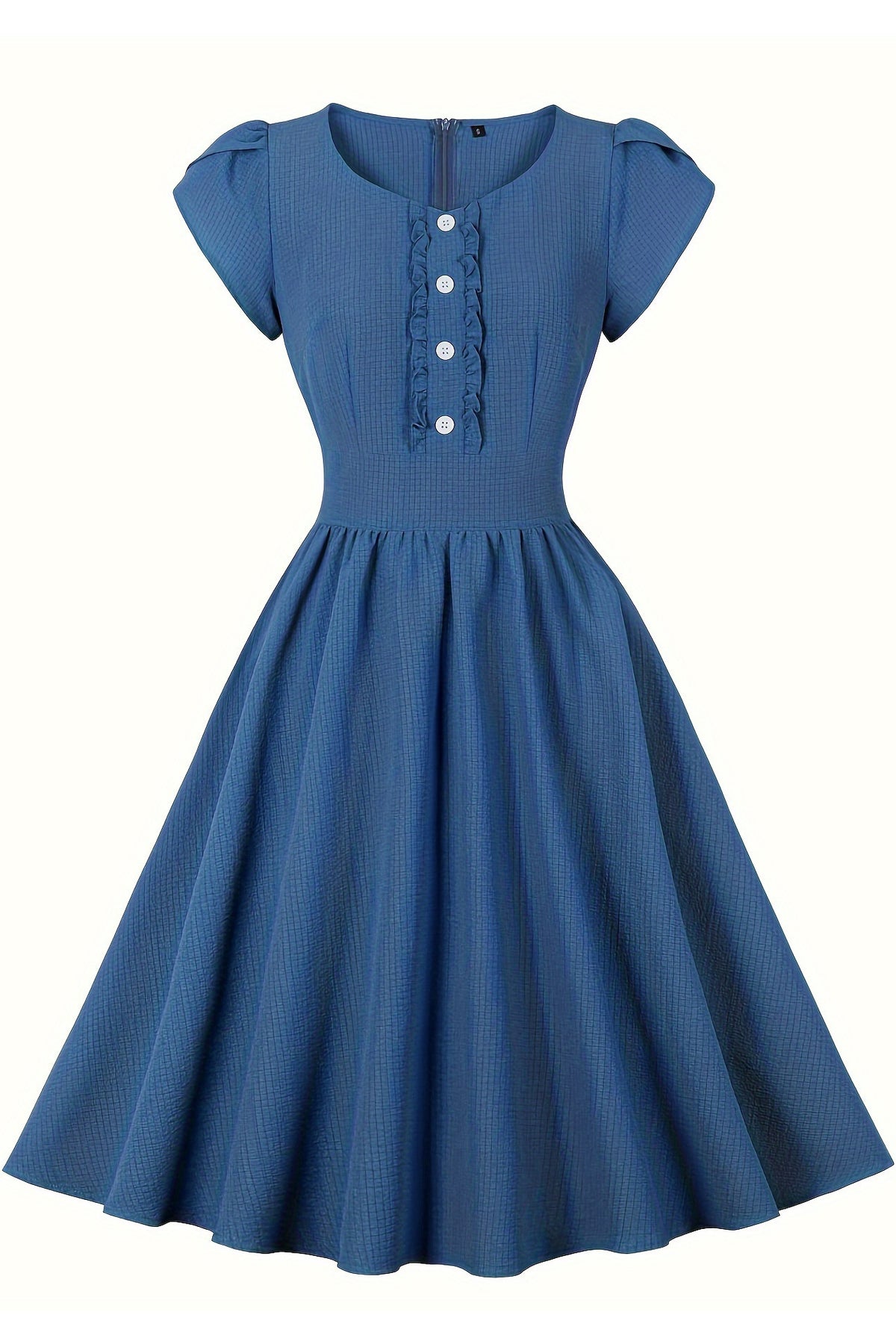 Blue Puff Sleeves Buttons Ruffled A-line Vintage Dress