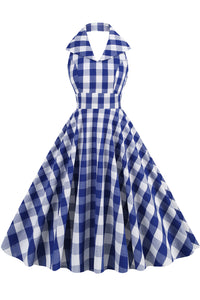 Herbene Blue Plaid Halter Dress