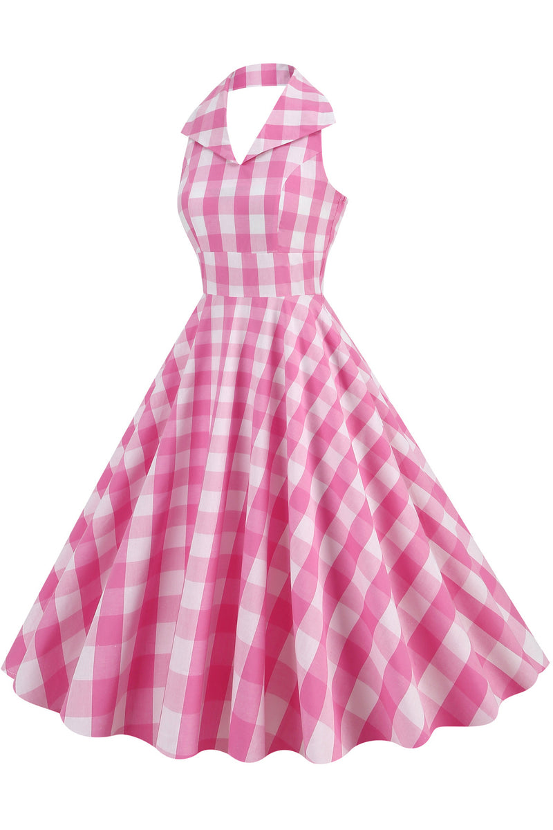 Herbene Pink Plaid Halter Dress