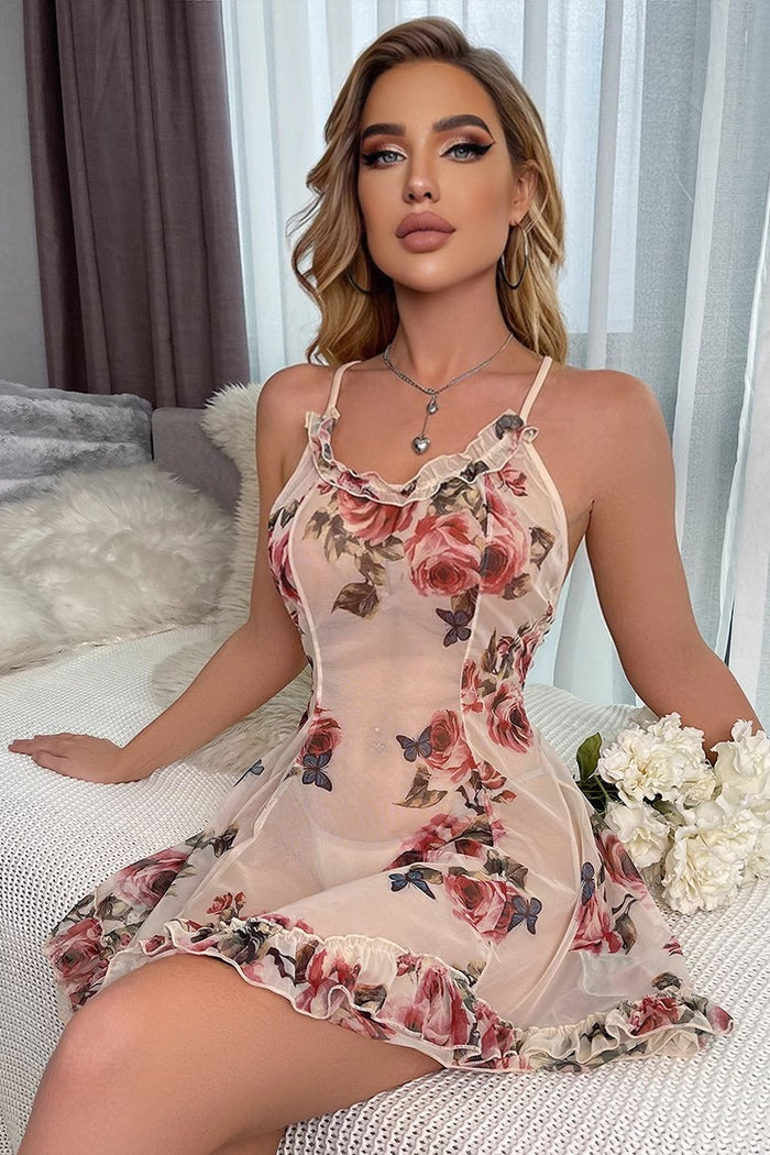 Pink Ruffle Floral Cross Back Illusion Lingerie