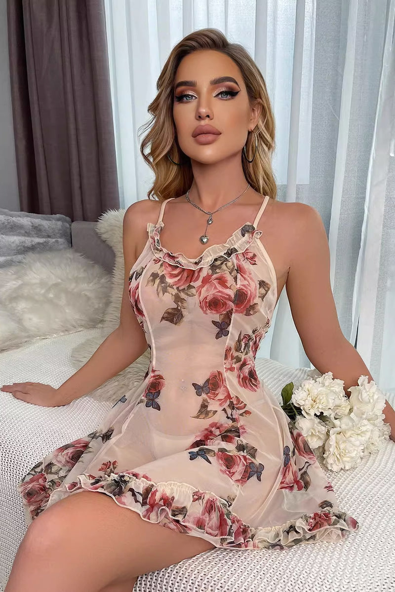 Pink Ruffle Floral Cross Back Illusion Lingerie