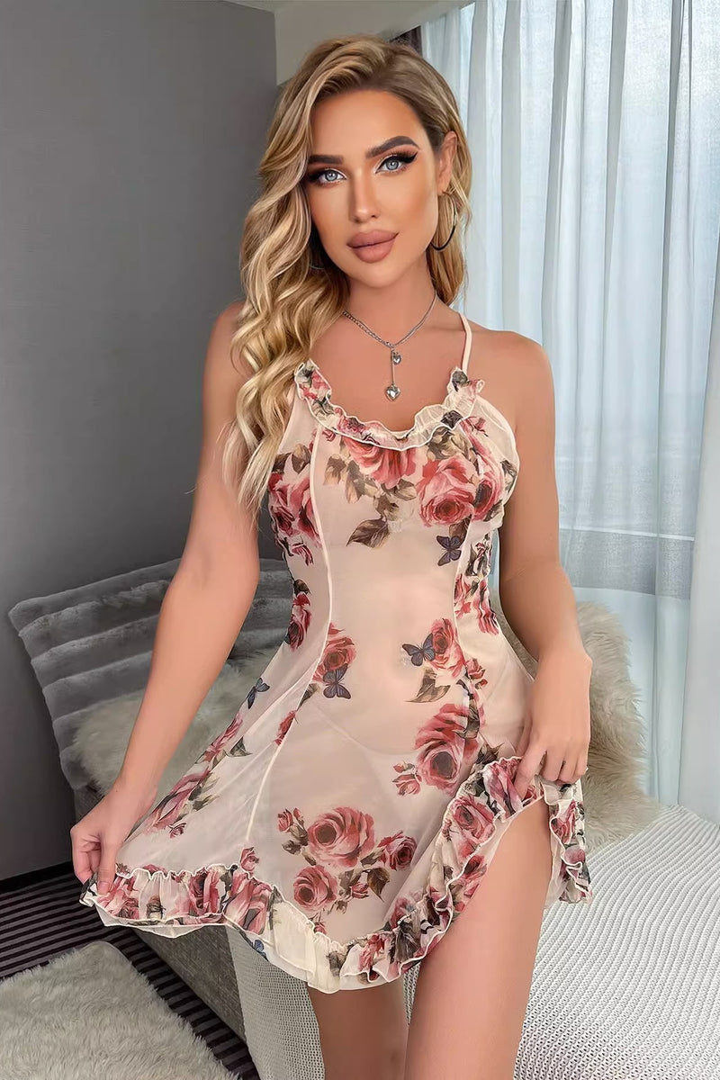 Pink Ruffle Floral Cross Back Illusion Lingerie