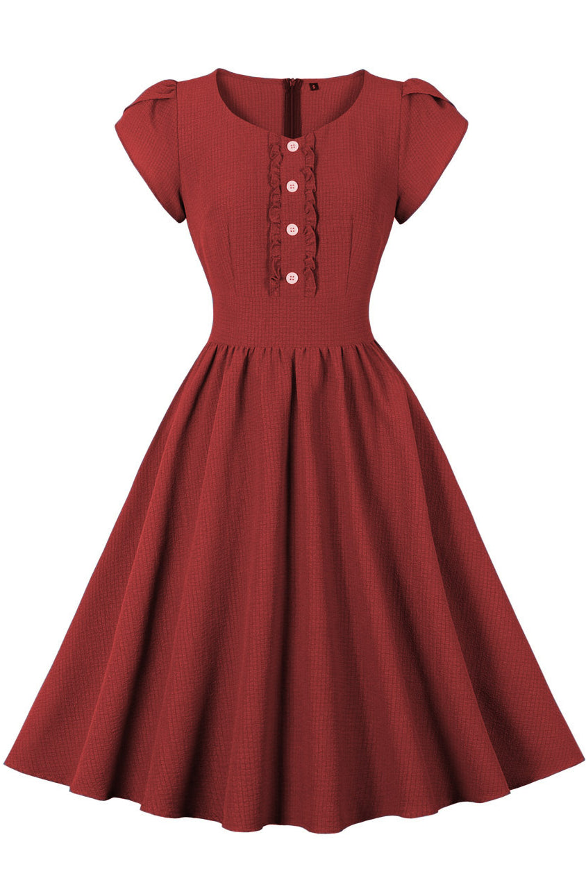 Blue Puff Sleeves Buttons Ruffled A-line Vintage Dress