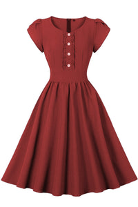 Blue Puff Sleeves Buttons Ruffled A-line Vintage Dress