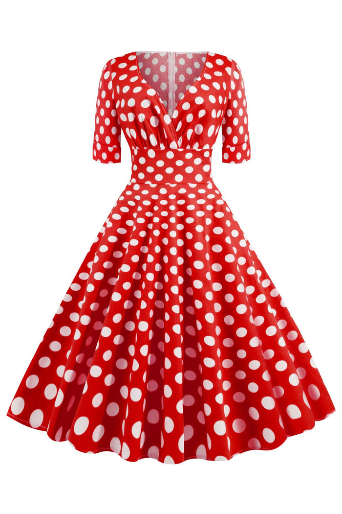 Red Dot Surplice Short Sleeves A-line Vintage Dress