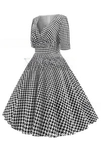 Black and White Plaid V Neck Short Sleeves A-line Vintage Dress