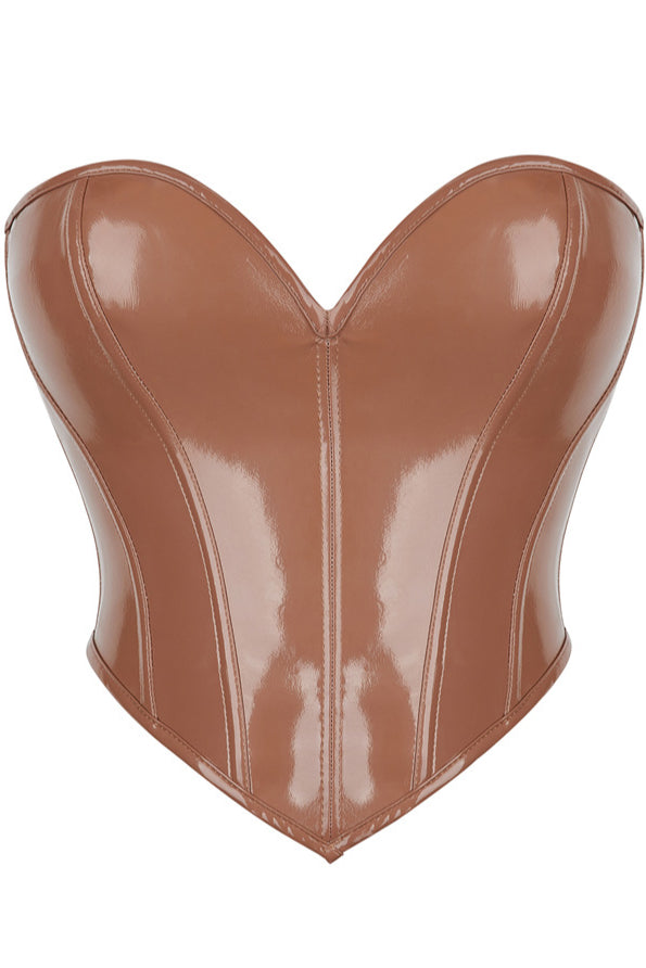 Coffee PVC Leather Strapless Lace-Up Bustier Corset Top