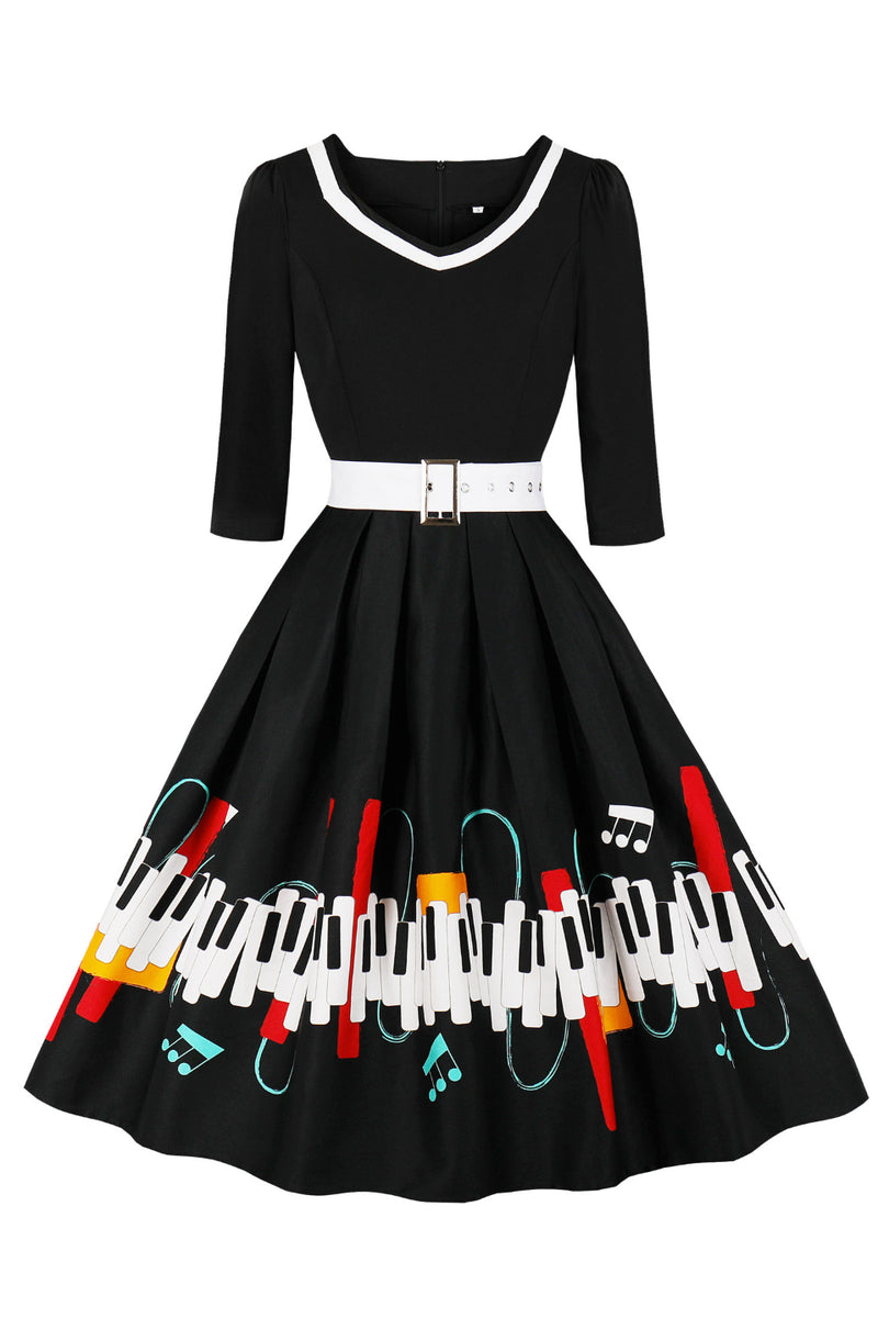 Black V Neck 1/2 Sleeves A-line Print Vintage Dress