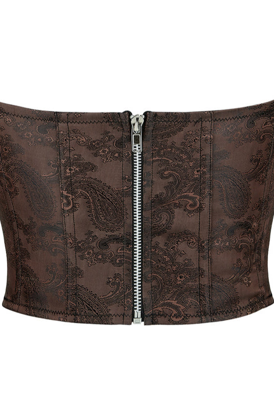 Dark Brown Strapless Jacquard Bustier Corset Top