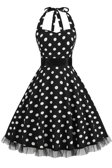 Black Dotted Halter A-line Vintage Dress