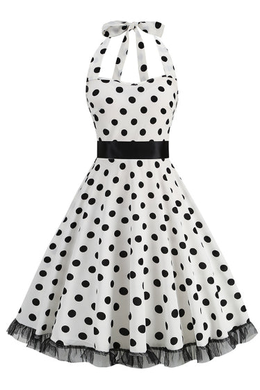 White Dotted Halter A-line Vintage Dress