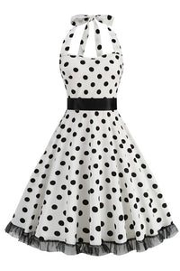 White Dotted Halter A-line Vintage Dress