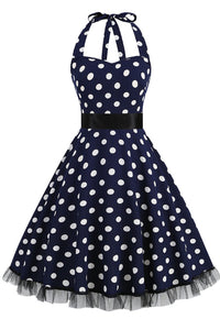 Dark Navy Dotted Halter A-line Vintage Dress