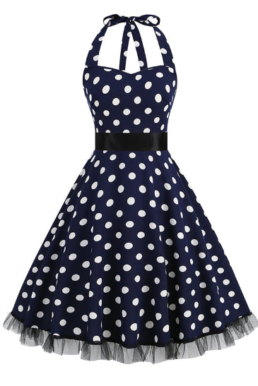 Dark Navy Dotted Halter A-line Vintage Dress