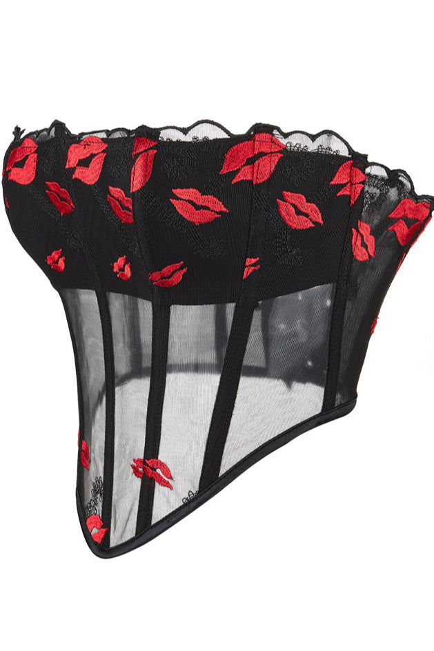 Black Sheer Mesh Boned Lace-Up Lips Embroidery Busiter Corser Top