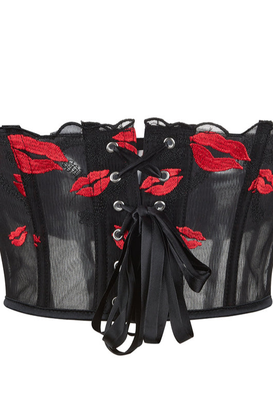 Black Sheer Mesh Boned Lace-Up Lips Embroidery Busiter Corser Top