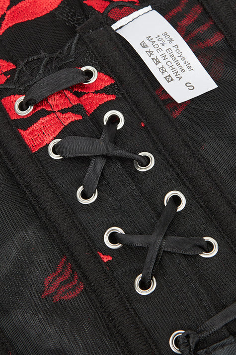 Black Sheer Mesh Boned Lace-Up Lips Embroidery Busiter Corser Top