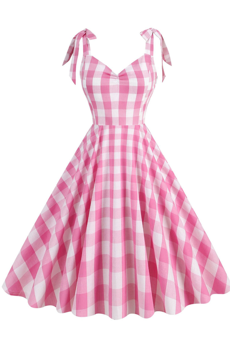 Pink Plaid Bow Tie Straps A-line Vintage Dress
