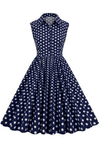 Dark Navy Sleeveless Dot Shirt Collar A-line Vintage Dress