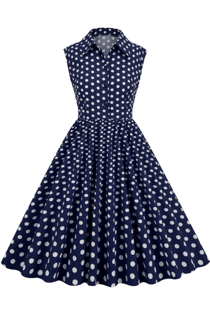 Dark Navy Sleeveless Dot Shirt Collar A-line Vintage Dress