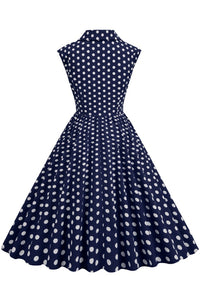 Dark Navy Sleeveless Dot Shirt Collar A-line Vintage Dress