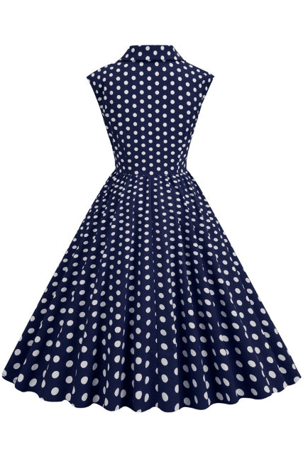 Dark Navy Sleeveless Dot Shirt Collar A-line Vintage Dress