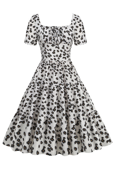 White Floral A-line Short Sleeves Vintage Dress