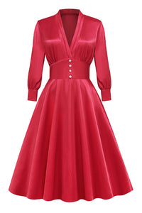 Red Plunging V Neck Long Sleeves Empire A-line Vintage Dress