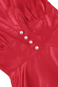 Red Plunging V Neck Long Sleeves Empire A-line Vintage Dress