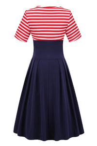 Red Stripe Top A-line Short Sleeves Vintage Dress