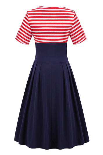 Red Stripe Top A-line Short Sleeves Vintage Dress
