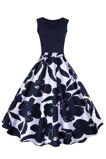 Dark Navy Sleeveless Floral A-line Vintage Dress