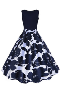 Dark Navy Sleeveless Floral A-line Vintage Dress