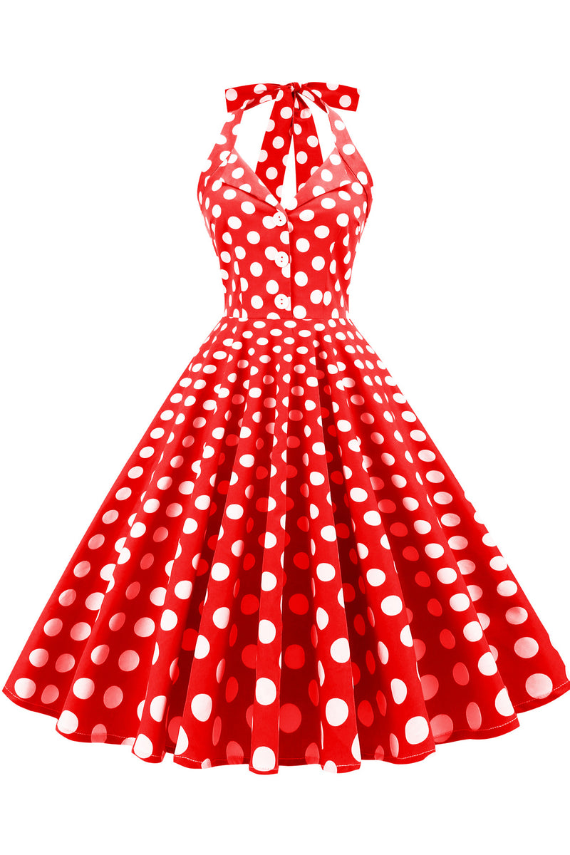 Herbene Red Bow Tie Halter Dot A-line Dress