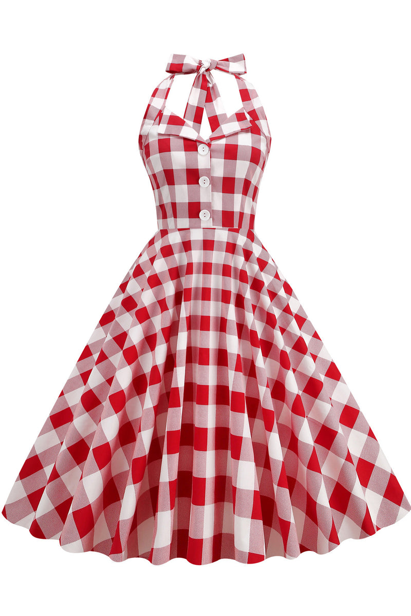 Herbene Red Bow Tie Halter Plaid A-line Dress