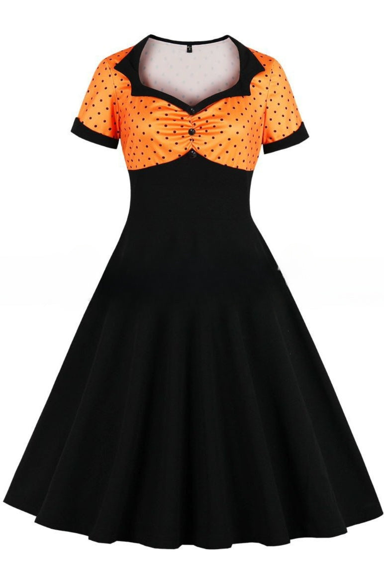 Orange Top Dot Black A-line Vintage Dress