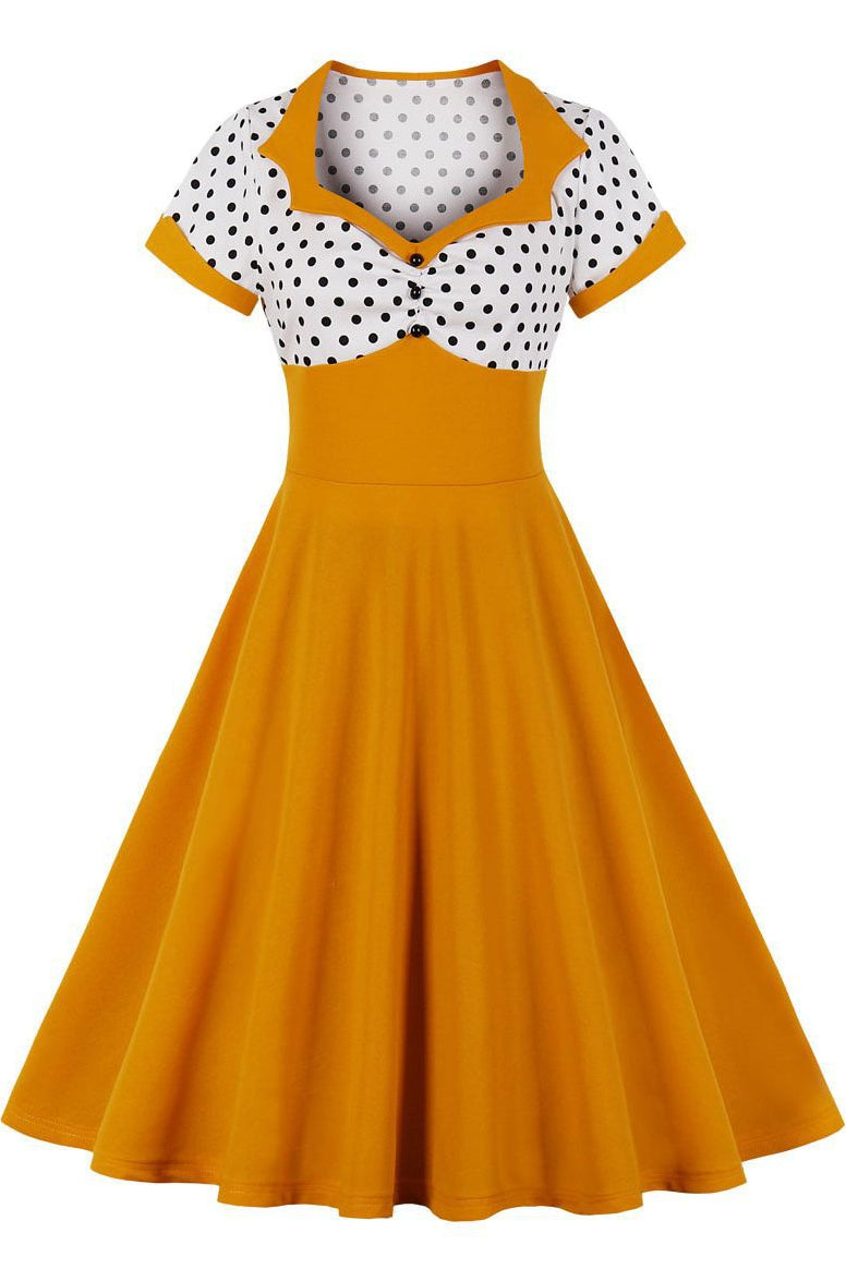 White Top Dot A-line Yellow Vintage Dress
