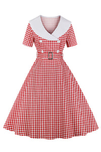 Red Plaid Folded Neck Short Sleeves A-line Vintage Dress with Belt