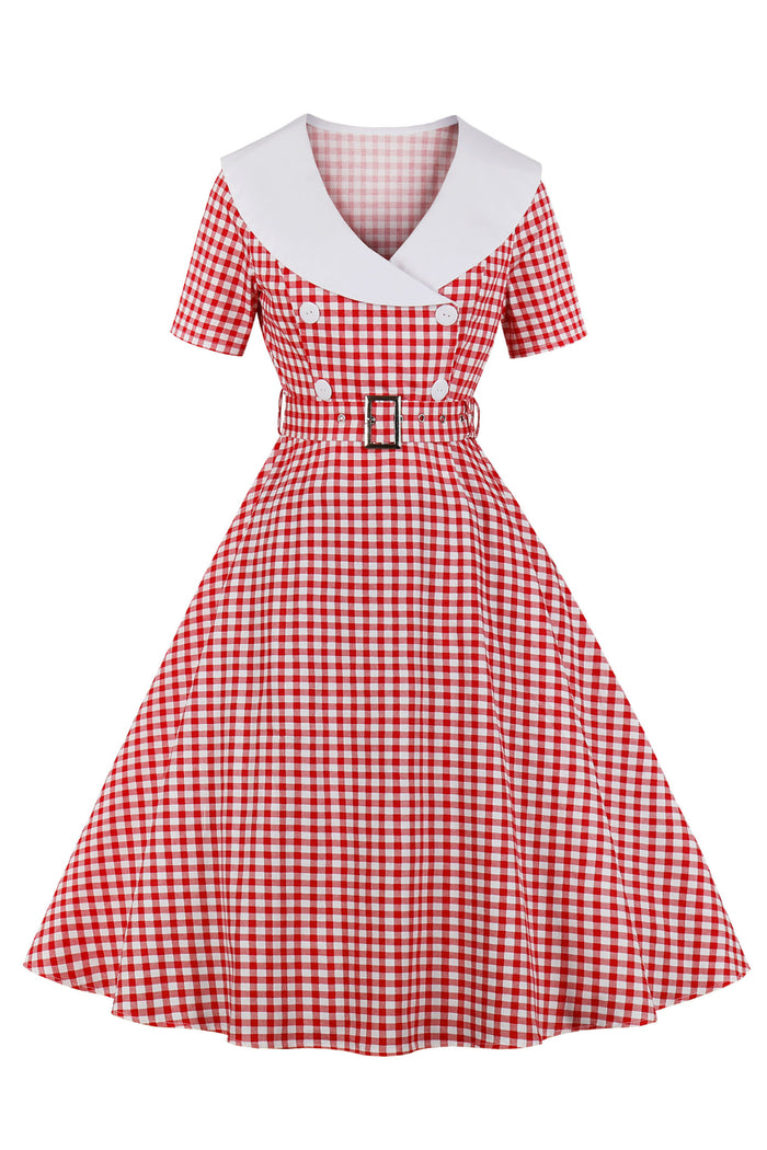 Red Plaid Folded Neck Short Sleeves A-line Vintage Dress with Belt