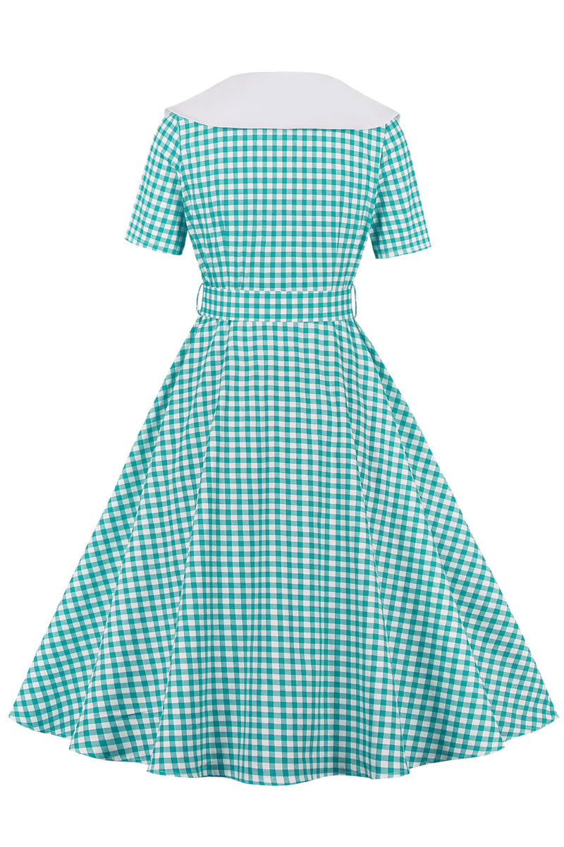 Blue Plaid Folded Neck Short Sleeves A-line Vintage Dress with Belt
