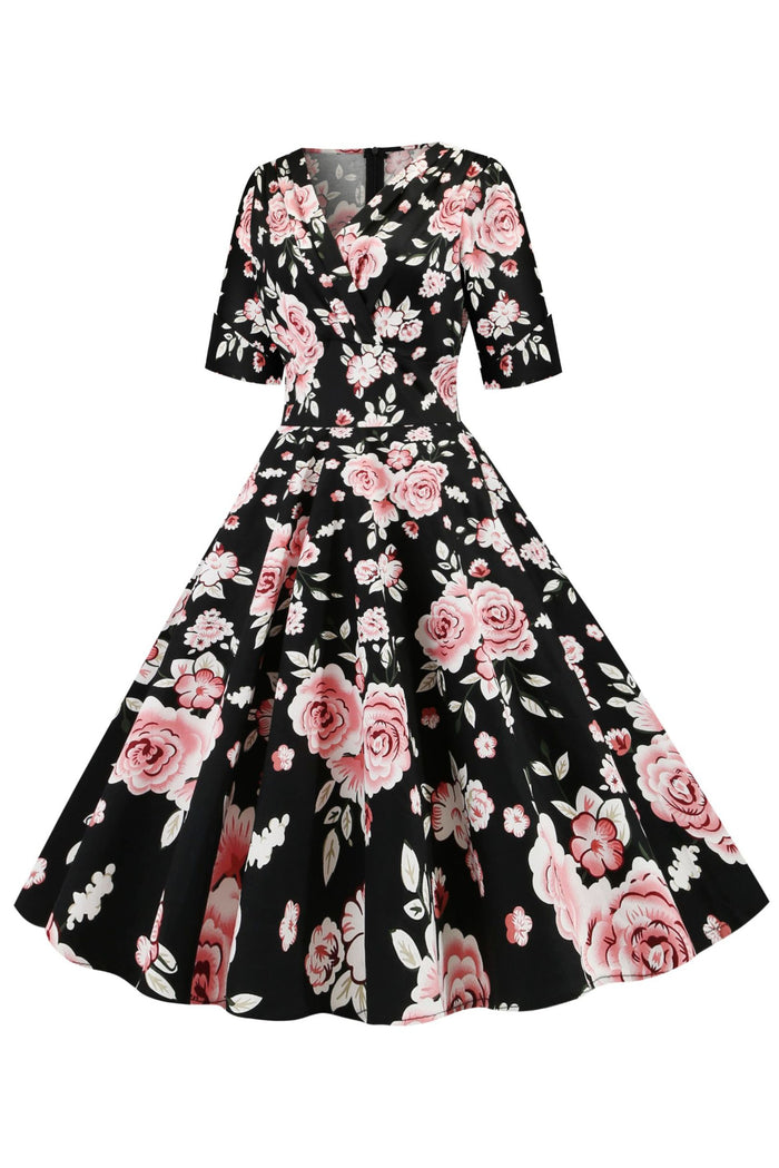 Black Floral Surplice Short Sleeves A-line Vintage Dress