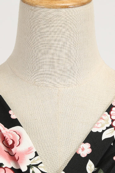 Black Floral Surplice Short Sleeves A-line Vintage Dress