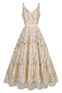Champagne Floral A-line V Neck Slip Vintage Dress