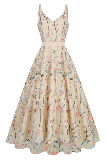 Champagne Floral A-line V Neck Slip Vintage Dress