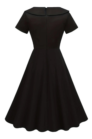 Black Folded Neck Short Sleeves A-line Vintage Dress