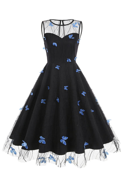 Black Illusion Neck Sleeveless A-line Vintage Dress with Blue Butterfly