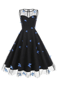 Black Illusion Neck Sleeveless A-line Vintage Dress with Blue Butterfly